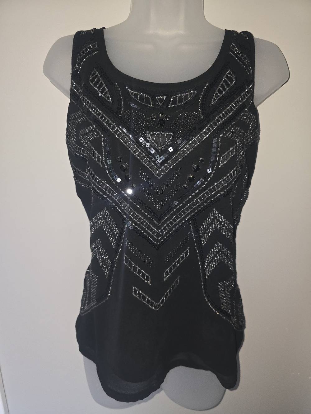 Express Black Embellished Tank Top - Sequin & Bead Geometric Design - Size Small